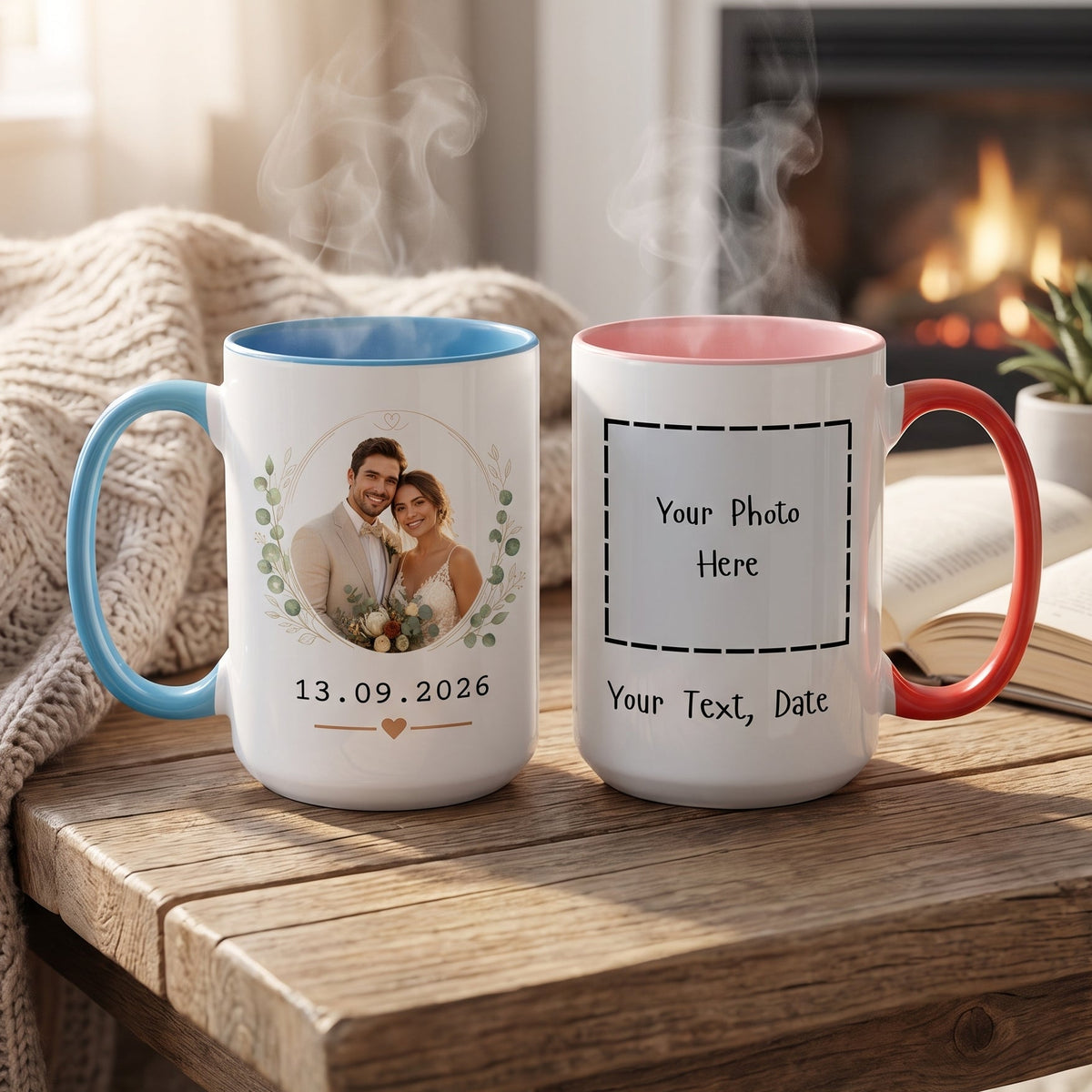 Two personalized ceramic mugs with handles and interiors in blue and pink, displayed on a wooden table in a cozy room with a burning fireplace in the background. One mug shows a printed photo of a couple with the date '13.